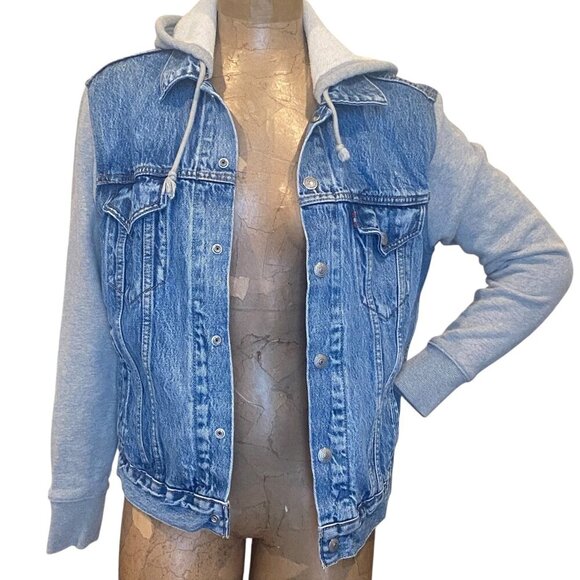 Levi's Hybrid Trucker Jean Jacket Hoodie Combo Gray Blue S #274F - Picture 3 of 13